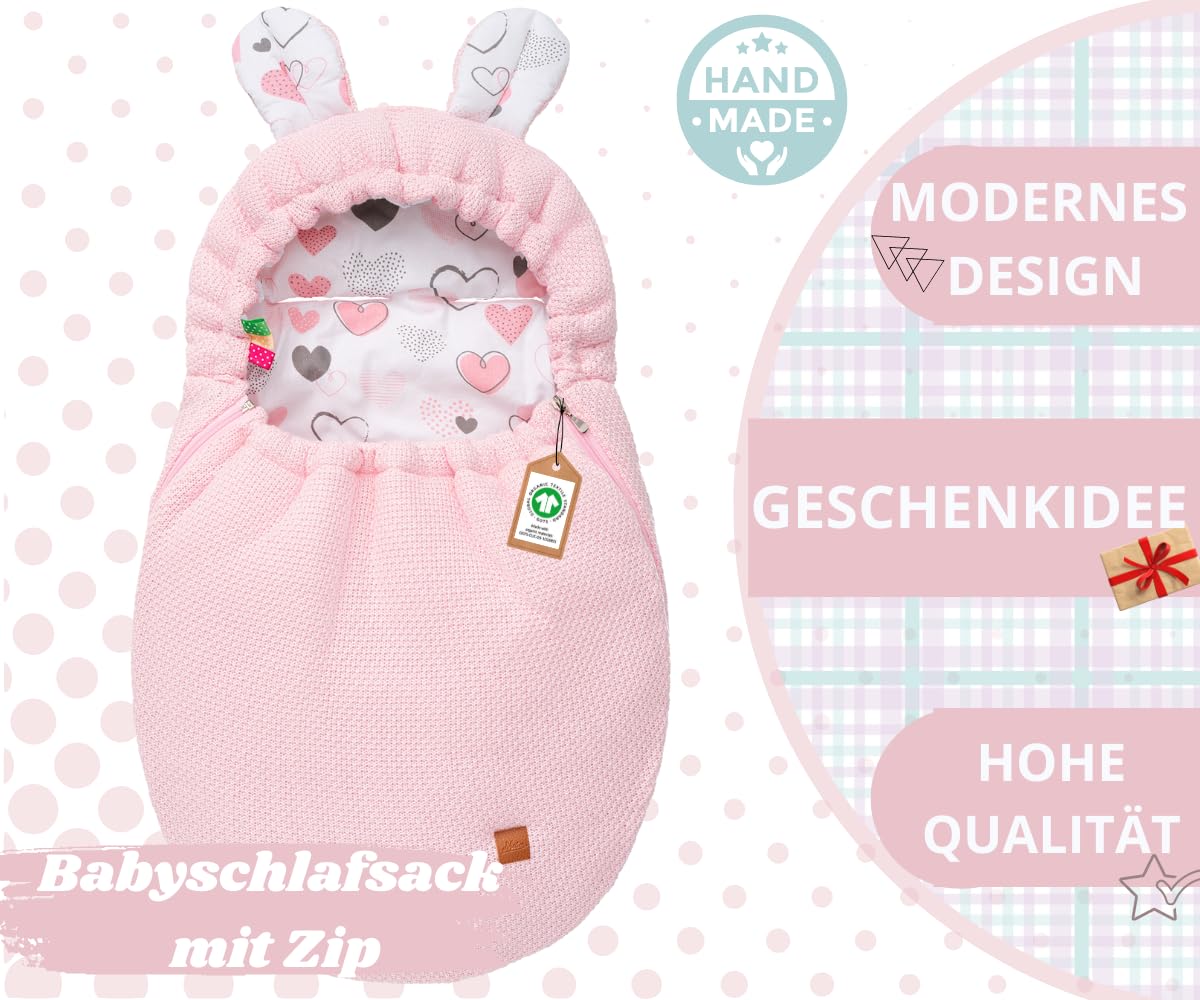 Mikos Einschlagdecke Babyschale Herbst Winter, Baby Fußsack mit Zip 100% Baumwolle GOTS Zert. Strickdecke mit Füllung Universal für Kinderwagen Buggys Frühling Maxi Cosi 3 Punkt Gurt (50) (Rosa)