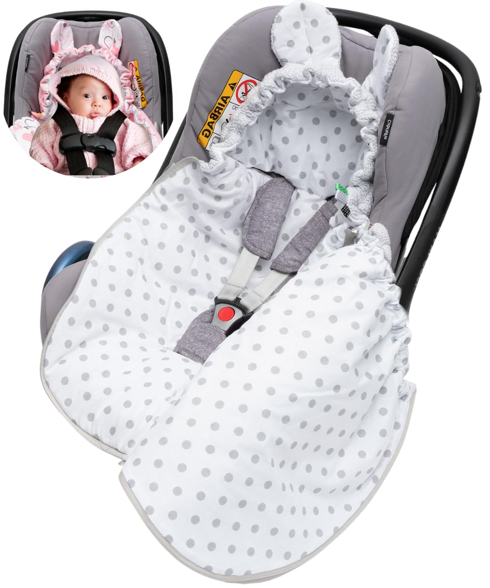 Mikos Einschlagdecke Babyschale Herbst Winter, Baby Fußsack mit Zip 100% Baumwolle GOTS Zert. Strickdecke mit Füllung Universal für Kinderwagen Buggys Frühling Maxi Cosi 3 Punkt Gurt (50) (Rosa)