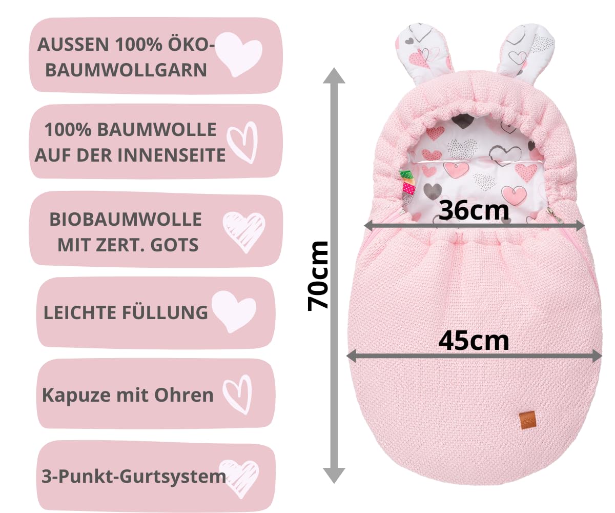 Mikos Einschlagdecke Babyschale Herbst Winter, Baby Fußsack mit Zip 100% Baumwolle GOTS Zert. Strickdecke mit Füllung Universal für Kinderwagen Buggys Frühling Maxi Cosi 3 Punkt Gurt (50) (Rosa)