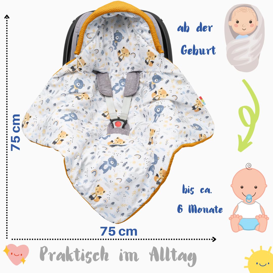 Baby Einschlagdecke Babyschale Winter Strickdecke Kinderwagendecke Fußsack Baby 100% Baumwolle mit Füllung Universal für Kinderwagen Buggys Frühling Maxi Cosi 3 Punkt Gurt Beige Grau(39) (Senfgelb)