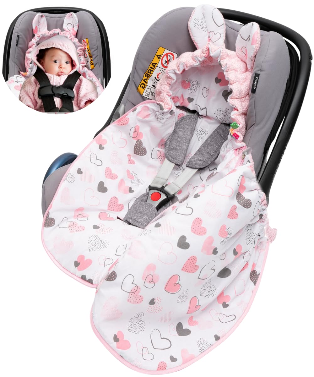 Mikos Einschlagdecke Babyschale Herbst Winter, Baby Fußsack mit Zip 100% Baumwolle GOTS Zert. Strickdecke mit Füllung Universal für Kinderwagen Buggys Frühling Maxi Cosi 3 Punkt Gurt (50) (Rosa)