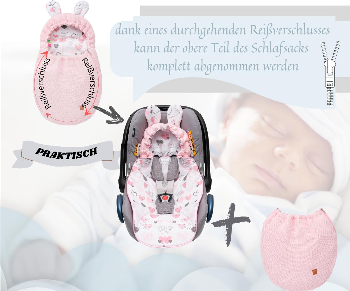 Mikos Einschlagdecke Babyschale Herbst Winter, Baby Fußsack mit Zip 100% Baumwolle GOTS Zert. Strickdecke mit Füllung Universal für Kinderwagen Buggys Frühling Maxi Cosi 3 Punkt Gurt (50) (Rosa)