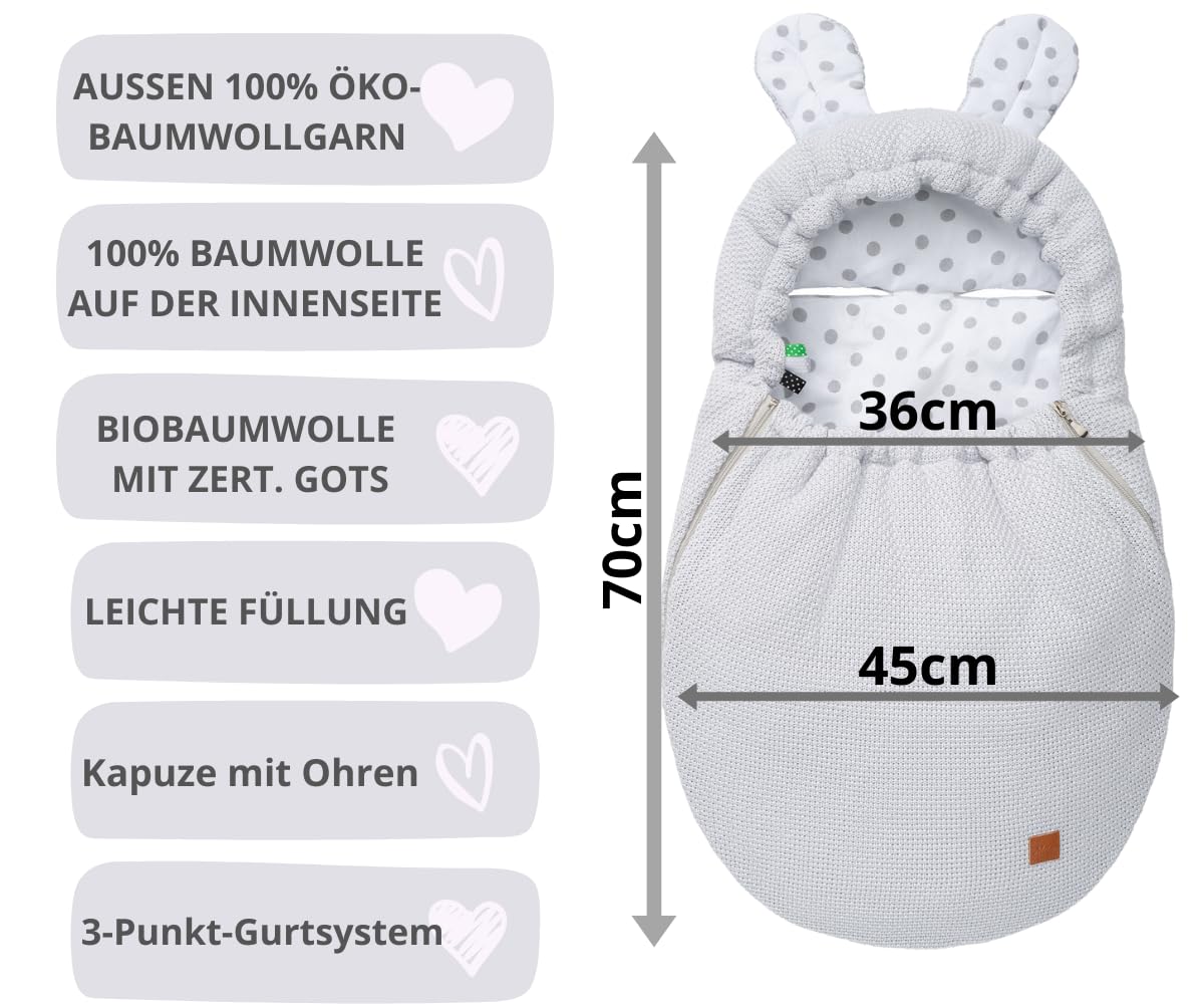 Mikos Einschlagdecke Babyschale Herbst Winter, Baby Fußsack mit Zip 100% Baumwolle GOTS Zert. Strickdecke mit Füllung Universal für Kinderwagen Buggys Frühling Maxi Cosi 3 Punkt Gurt (50) (Rosa)
