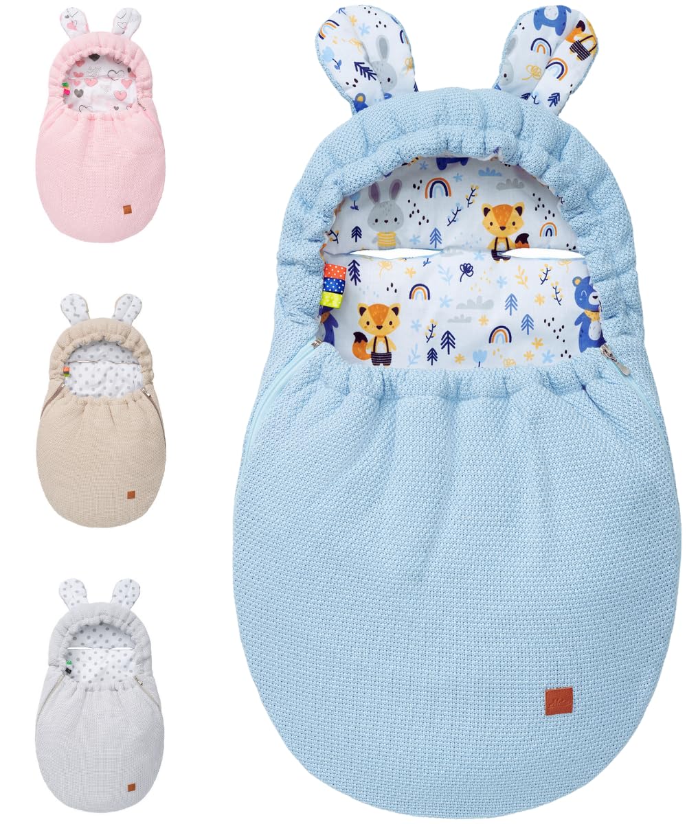 Mikos Einschlagdecke Babyschale Herbst Winter, Baby Fußsack mit Zip 100% Baumwolle GOTS Zert. Strickdecke mit Füllung Universal für Kinderwagen Buggys Frühling Maxi Cosi 3 Punkt Gurt (50) (Rosa)