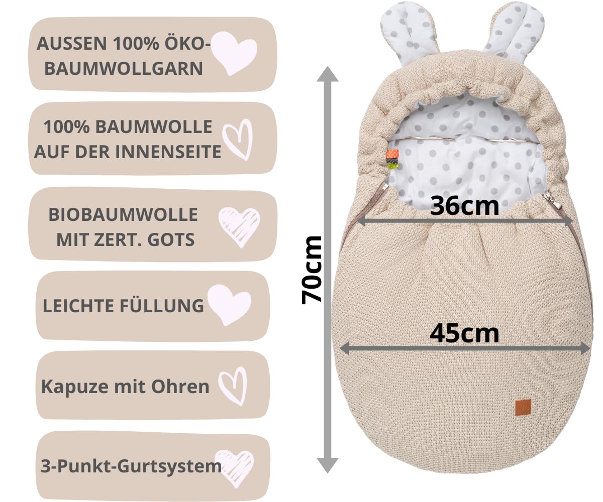 Mikos Einschlagdecke Babyschale Herbst Winter, Baby Fußsack mit Zip 100% Baumwolle GOTS Zert. Strickdecke mit Füllung Universal für Kinderwagen Buggys Frühling Maxi Cosi 3 Punkt Gurt (50) (Rosa)