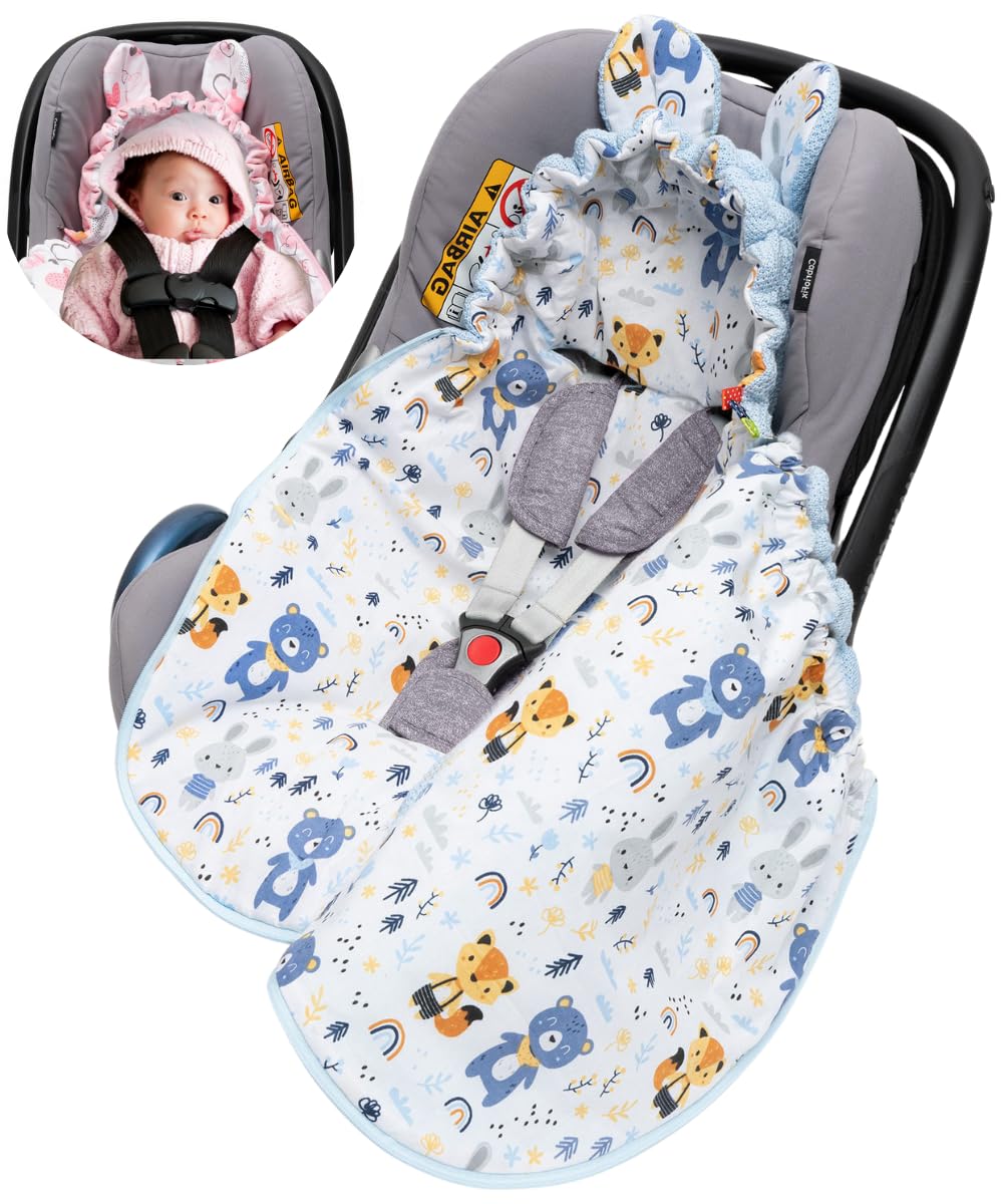Mikos Einschlagdecke Babyschale Herbst Winter, Baby Fußsack mit Zip 100% Baumwolle GOTS Zert. Strickdecke mit Füllung Universal für Kinderwagen Buggys Frühling Maxi Cosi 3 Punkt Gurt (50) (Rosa)