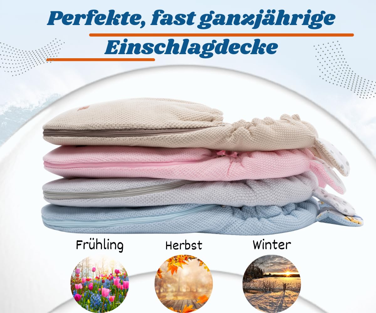 Mikos Einschlagdecke Babyschale Herbst Winter, Baby Fußsack mit Zip 100% Baumwolle GOTS Zert. Strickdecke mit Füllung Universal für Kinderwagen Buggys Frühling Maxi Cosi 3 Punkt Gurt (50) (Rosa)