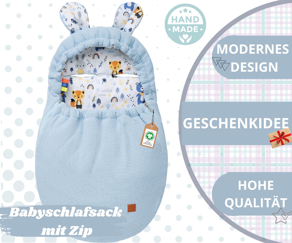 Mikos Einschlagdecke Babyschale Herbst Winter, Baby Fußsack mit Zip 100% Baumwolle GOTS Zert. Strickdecke mit Füllung Universal für Kinderwagen Buggys Frühling Maxi Cosi 3 Punkt Gurt (50) (Rosa)