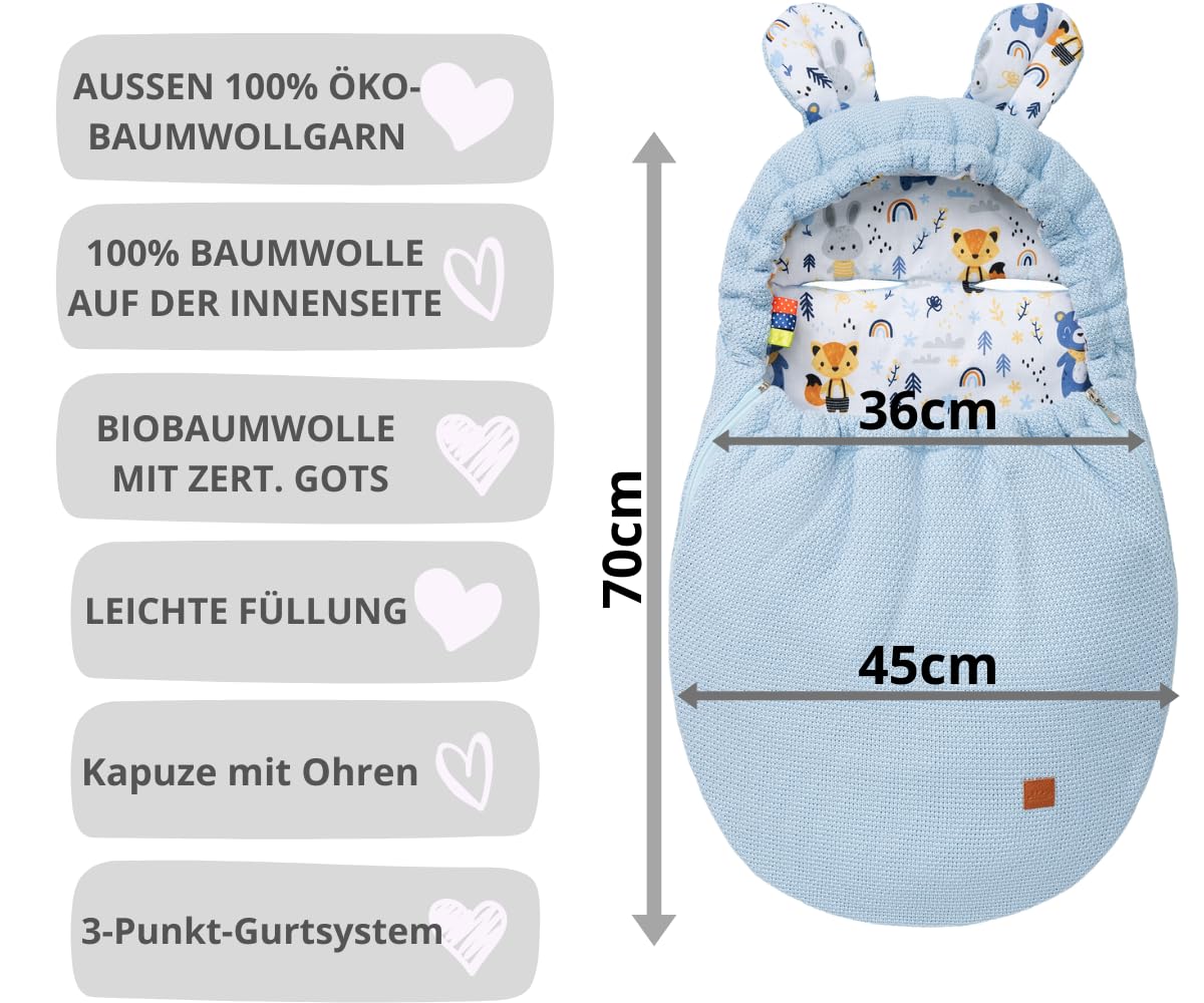 Mikos Einschlagdecke Babyschale Herbst Winter, Baby Fußsack mit Zip 100% Baumwolle GOTS Zert. Strickdecke mit Füllung Universal für Kinderwagen Buggys Frühling Maxi Cosi 3 Punkt Gurt (50) (Rosa)