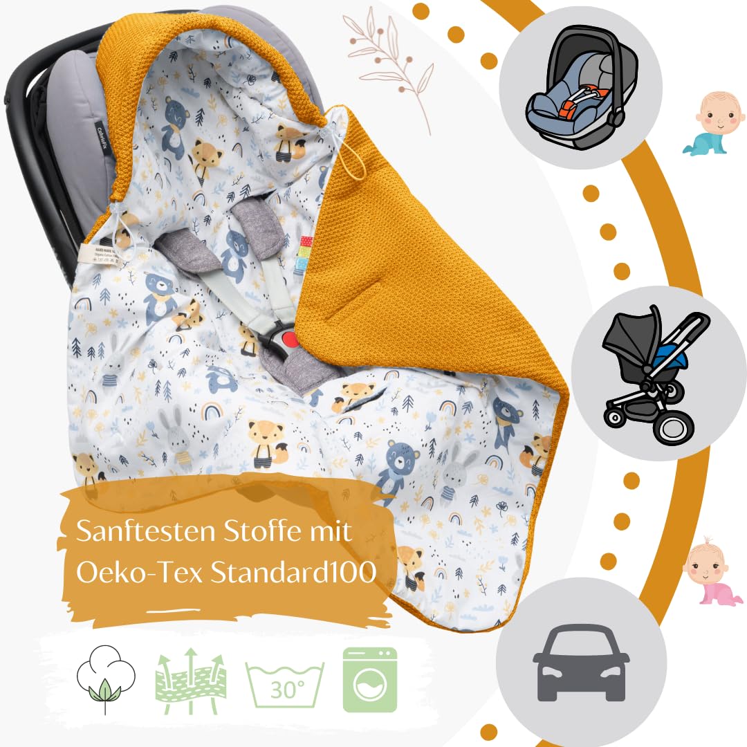 Baby Einschlagdecke Babyschale Winter Strickdecke Kinderwagendecke Fußsack Baby 100% Baumwolle mit Füllung Universal für Kinderwagen Buggys Frühling Maxi Cosi 3 Punkt Gurt Beige Grau(39) (Senfgelb)