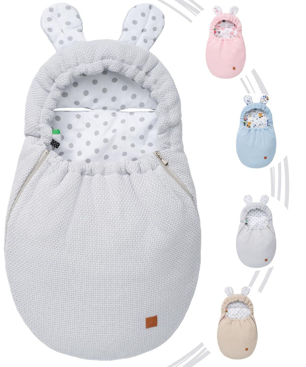 Mikos Einschlagdecke Babyschale Herbst Winter, Baby Fußsack mit Zip 100% Baumwolle GOTS Zert. Strickdecke mit Füllung Universal für Kinderwagen Buggys Frühling Maxi Cosi 3 Punkt Gurt (50) (Rosa)