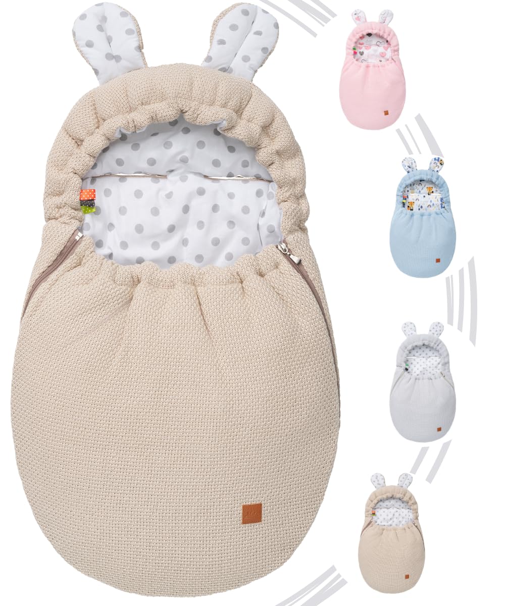 Mikos Einschlagdecke Babyschale Herbst Winter, Baby Fußsack mit Zip 100% Baumwolle GOTS Zert. Strickdecke mit Füllung Universal für Kinderwagen Buggys Frühling Maxi Cosi 3 Punkt Gurt (50) (Rosa)