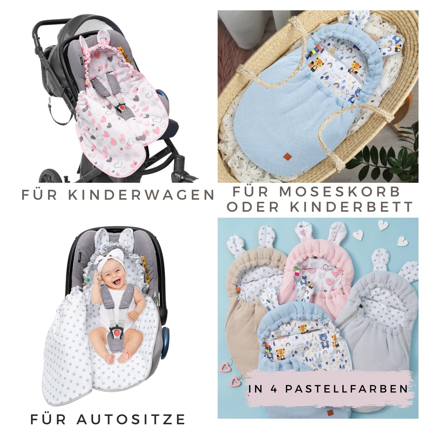 Mikos Einschlagdecke Babyschale Herbst Winter, Baby Fußsack mit Zip 100% Baumwolle GOTS Zert. Strickdecke mit Füllung Universal für Kinderwagen Buggys Frühling Maxi Cosi 3 Punkt Gurt (50) (Rosa)